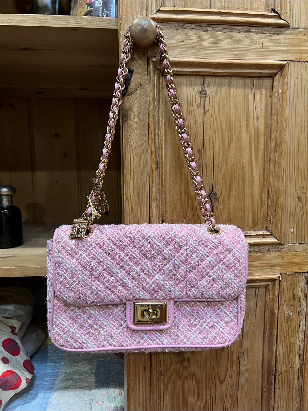 Karl Lagerfeld Paris Agyness Pink Tweed Shoulder Bag